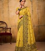 yellow color cotton blend fabric woven designer ethnic ceremonial saree