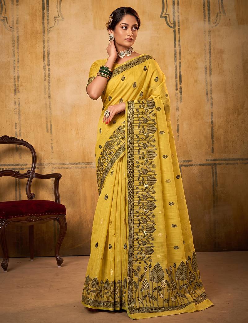 yellow color cotton blend fabric woven designer ethnic ceremonial saree