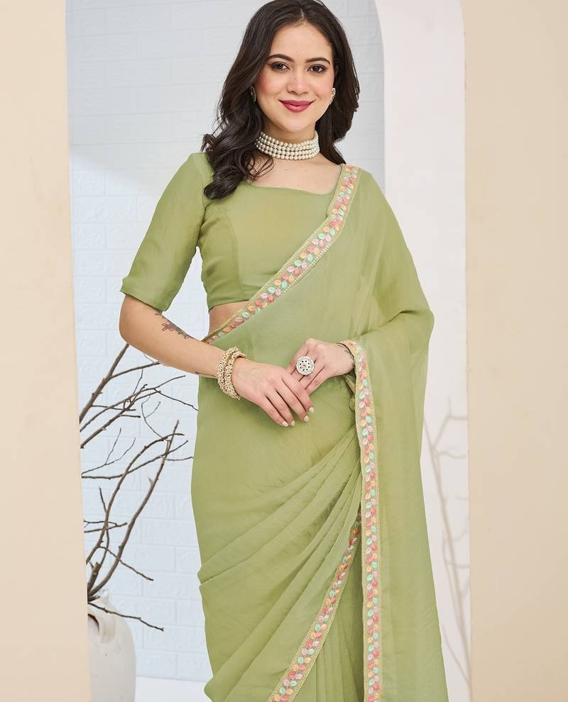 green color smart silk blend solid designer ready to wear partywear saree
