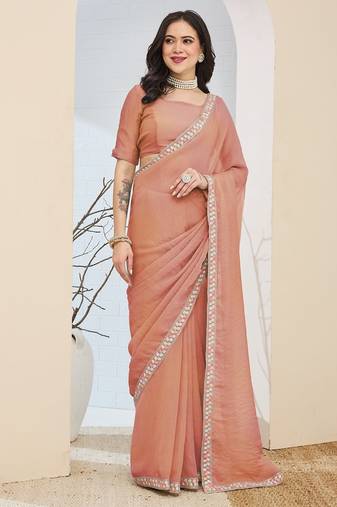 peach color smart silk blend solid designer ready to wear partywear saree