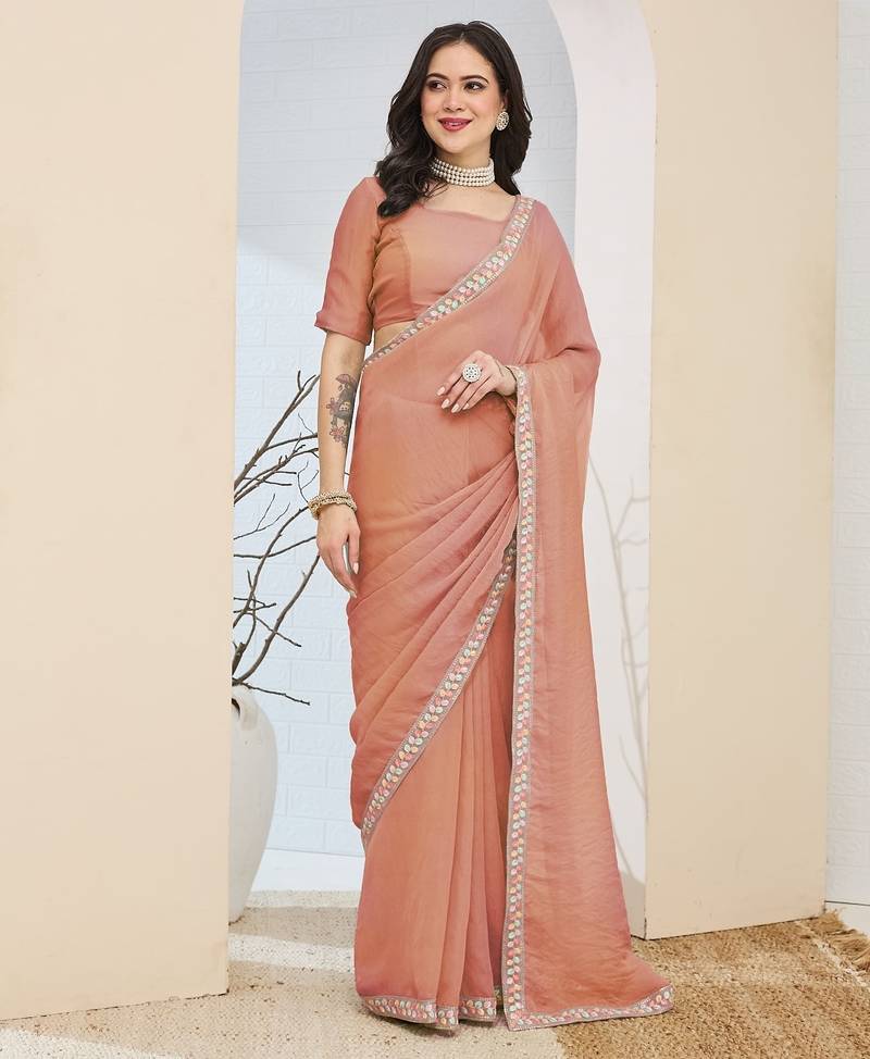 peach color smart silk blend solid designer ready to wear partywear saree