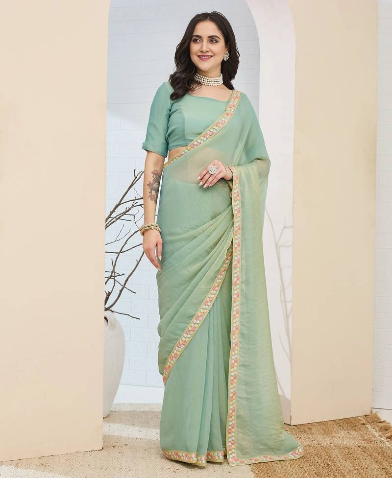 blue color smart silk blend solid designer ready to wear partywear saree