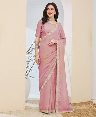 Pink color smart silk blended solid designer ready to wear partywear saree 1
