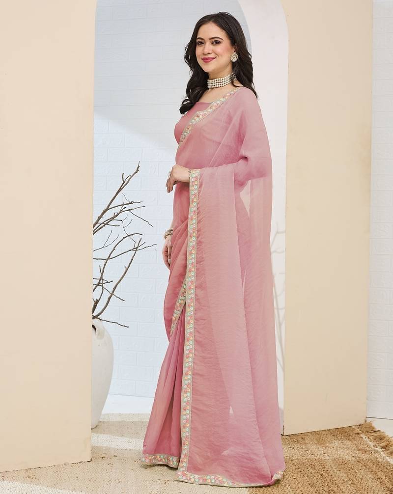 Pink color smart silk blended solid designer ready to wear partywear saree