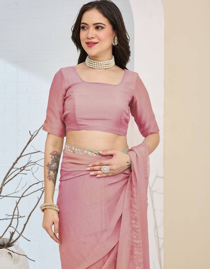 Pink color smart silk blended solid designer ready to wear partywear saree