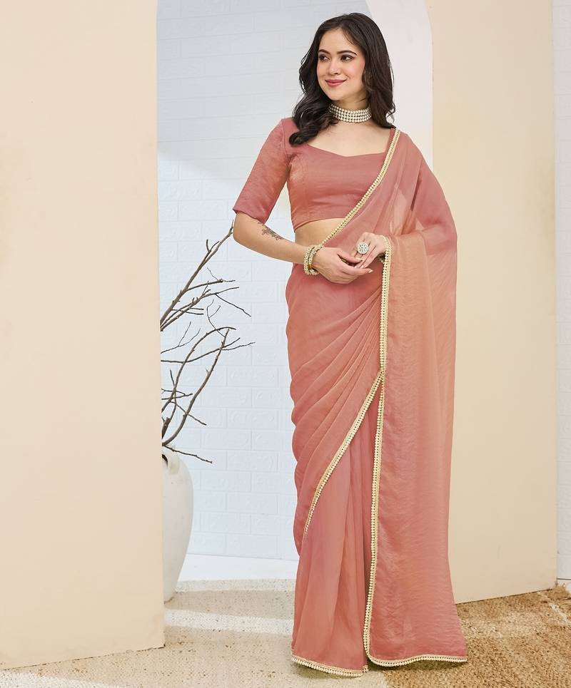 peach color smart silk blend solid designer ready to wear partywear saree