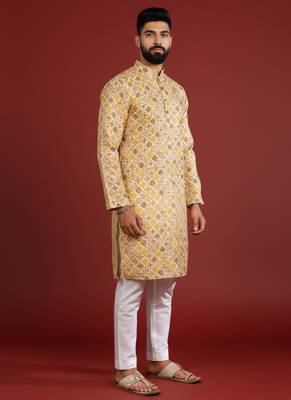 Mustard color beautiful kurta payjama for handsome men's looks 5
