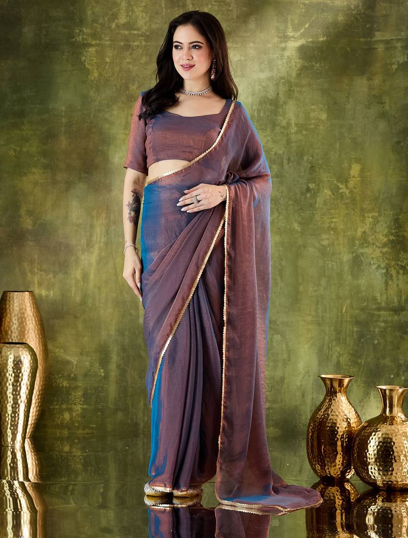 blue color smart silk blend solid designer ready to wear partywear saree