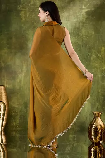 gold color smart silk blend solid designer ready to wear partywear saree