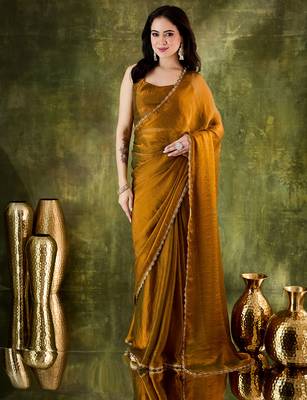 gold color smart silk blend solid designer ready to wear partywear saree 1