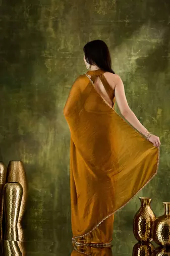 gold color smart silk blend solid designer ready to wear partywear saree