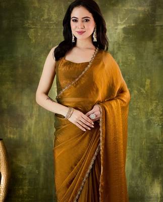 gold color smart silk blend solid designer ready to wear partywear saree 3