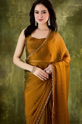 gold color smart silk blend solid designer ready to wear partywear saree