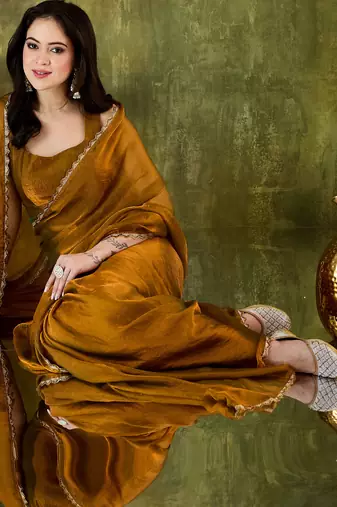 gold color smart silk blend solid designer ready to wear partywear saree