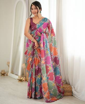 multicolor tissue fabric digital printed fancy mirror work saree 1