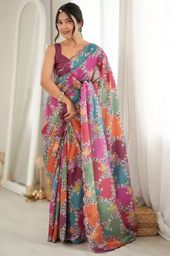 multicolor tissue fabric digital printed fancy mirror work saree