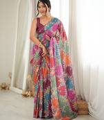 multicolor tissue fabric digital printed fancy mirror work saree