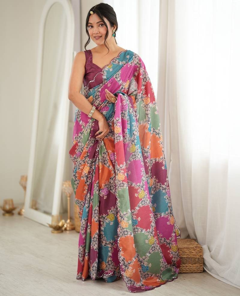 multicolor tissue fabric digital printed fancy mirror work saree