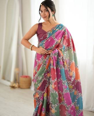 multicolor tissue fabric digital printed fancy mirror work saree 3