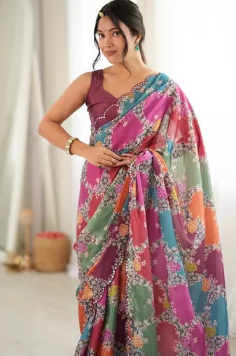 multicolor tissue fabric digital printed fancy mirror work saree