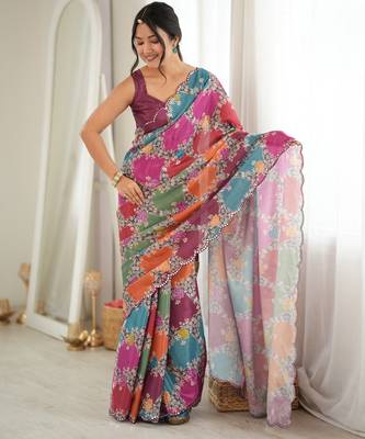 multicolor tissue fabric digital printed fancy mirror work saree 4