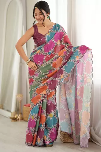 multicolor tissue fabric digital printed fancy mirror work saree
