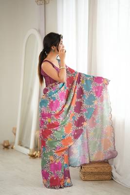 multicolor tissue fabric digital printed fancy mirror work saree 5