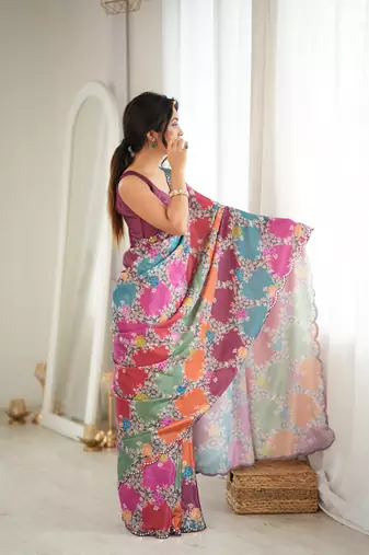 multicolor tissue fabric digital printed fancy mirror work saree