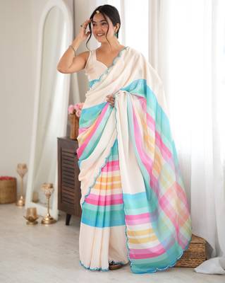 off white color tissue fabric digital printed fancy mirror work saree 1