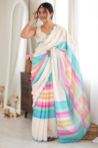 off white color tissue fabric digital printed fancy mirror work saree