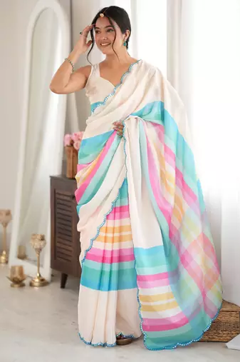 off white color tissue fabric digital printed fancy mirror work saree