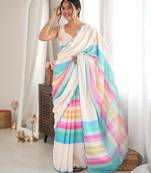 off white color tissue fabric digital printed fancy mirror work saree