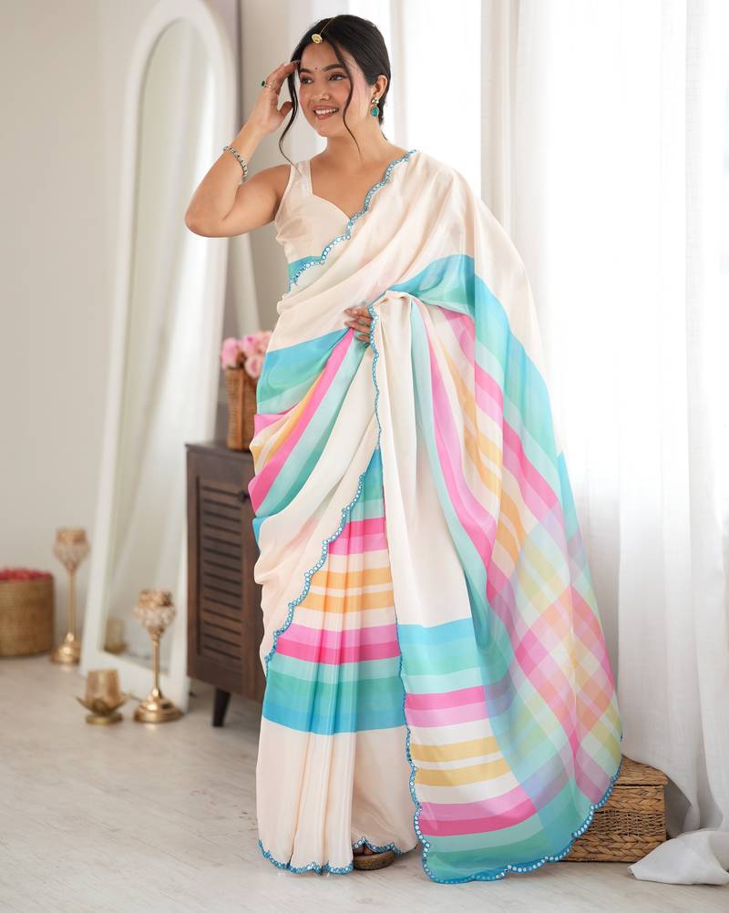 off white color tissue fabric digital printed fancy mirror work saree