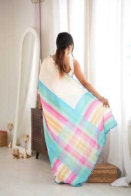 off white color tissue fabric digital printed fancy mirror work saree 2