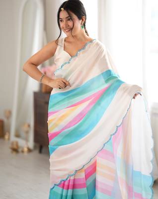 off white color tissue fabric digital printed fancy mirror work saree 3