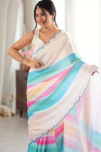 off white color tissue fabric digital printed fancy mirror work saree