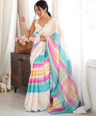 off white color tissue fabric digital printed fancy mirror work saree 4