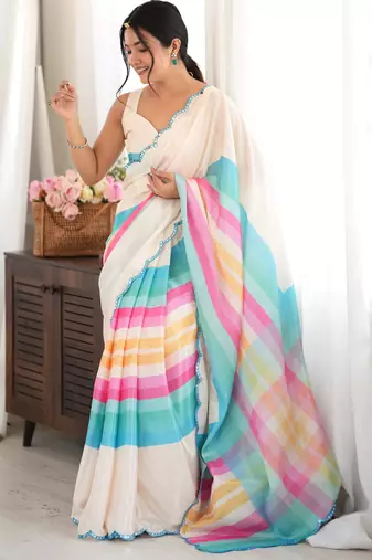 off white color tissue fabric digital printed fancy mirror work saree