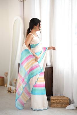 off white color tissue fabric digital printed fancy mirror work saree 5