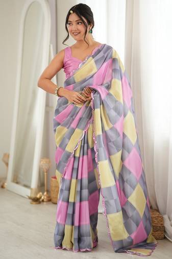 grey color tissue fabric digital printed fancy mirror work saree