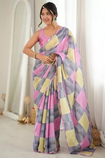 grey color tissue fabric digital printed fancy mirror work saree