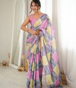grey color tissue fabric digital printed fancy mirror work saree