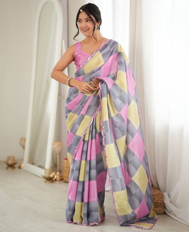 grey color tissue fabric digital printed fancy mirror work saree