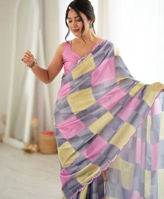 grey color tissue fabric digital printed fancy mirror work saree 3