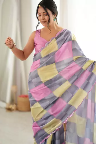 grey color tissue fabric digital printed fancy mirror work saree
