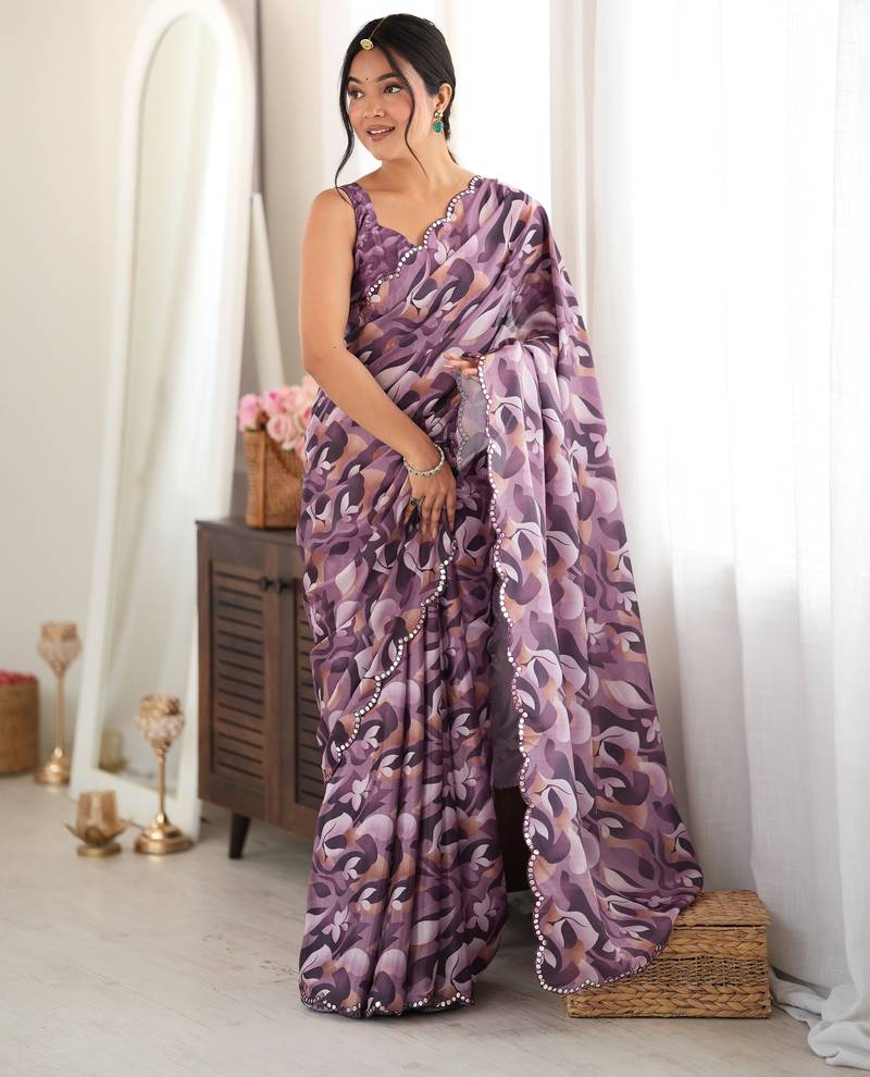 mauve color tissue fabric digital printed fancy mirror work saree