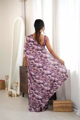mauve color tissue fabric digital printed fancy mirror work saree
