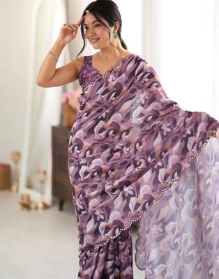 mauve color tissue fabric digital printed fancy mirror work saree 3