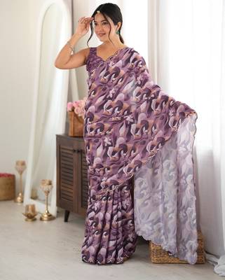 mauve color tissue fabric digital printed fancy mirror work saree 4