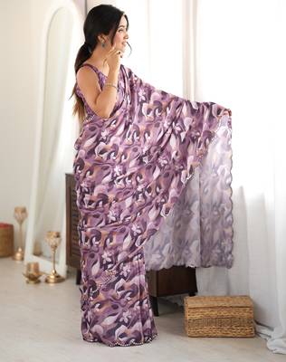 mauve color tissue fabric digital printed fancy mirror work saree 5